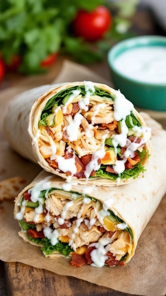 A Chicken Bacon Ranch Wrap filled with shredded chicken, bacon, and vegetables, cut in half on a wooden table.